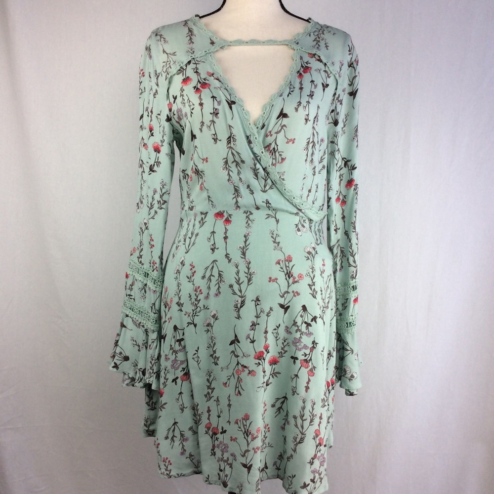 Altar'd State Floral Choker Neck Faux Wrap Dress Keyhole